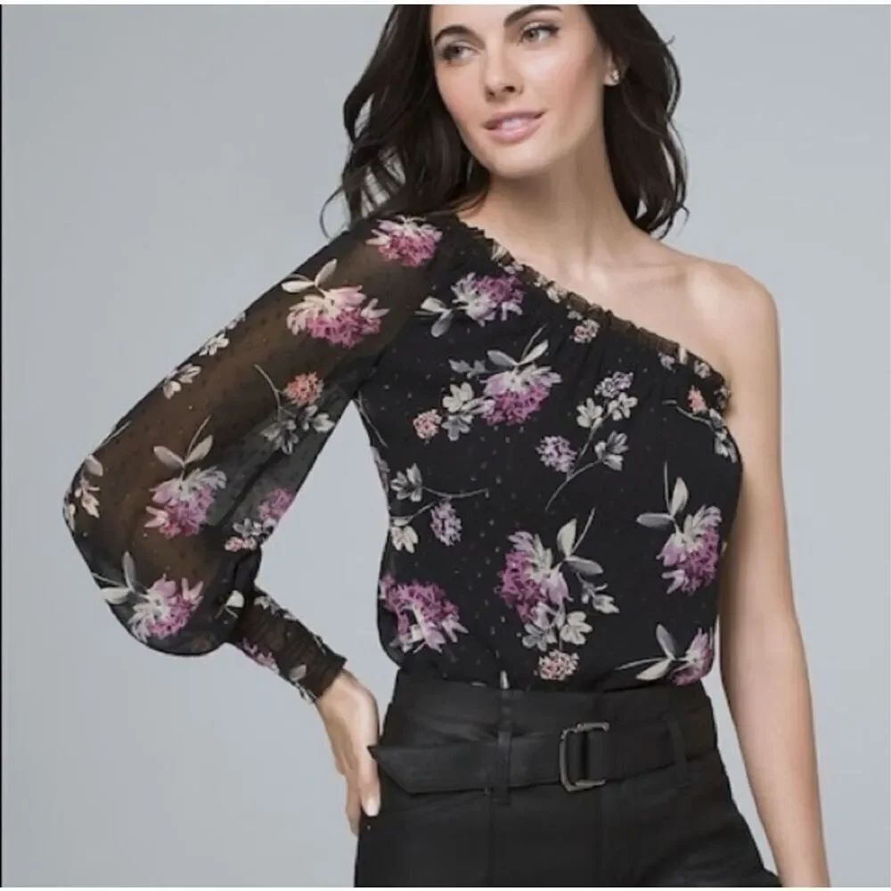 ✨white house black market one shoulder asymt smocked black plum Sz xs blouse✨
